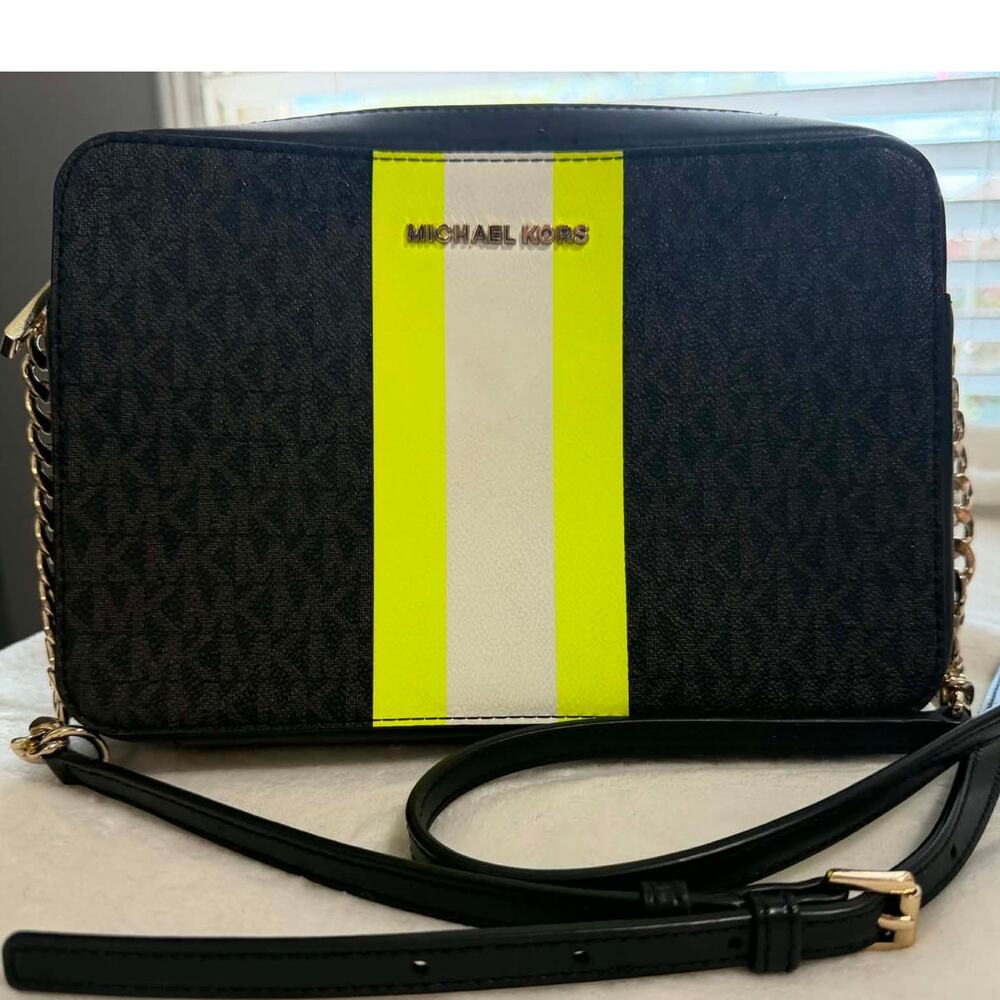 MICHAEL KORS Signature Logo Neon Stripe Medium Crossbody Bag Purse
